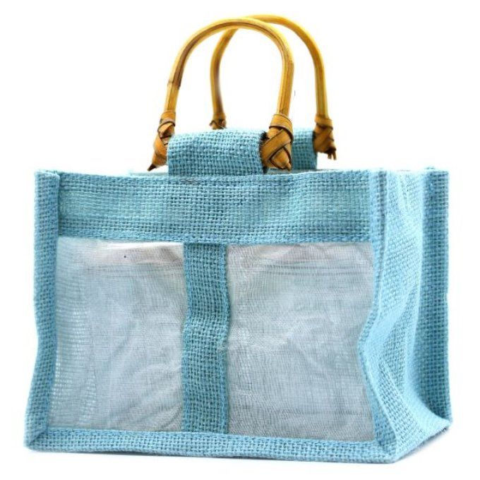 Panière cadeau en jute bleu et coton 2 fenêtres