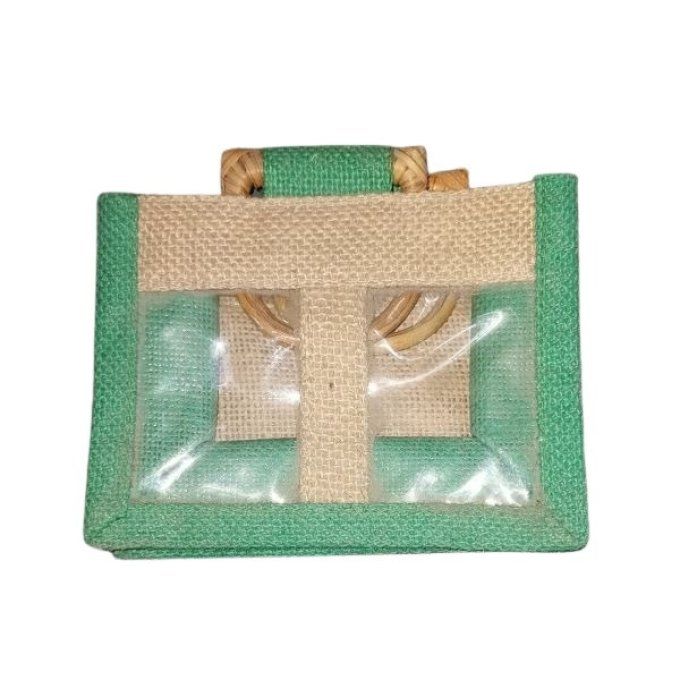 Panière cadeau en jute vert et coton 2 fenêtres